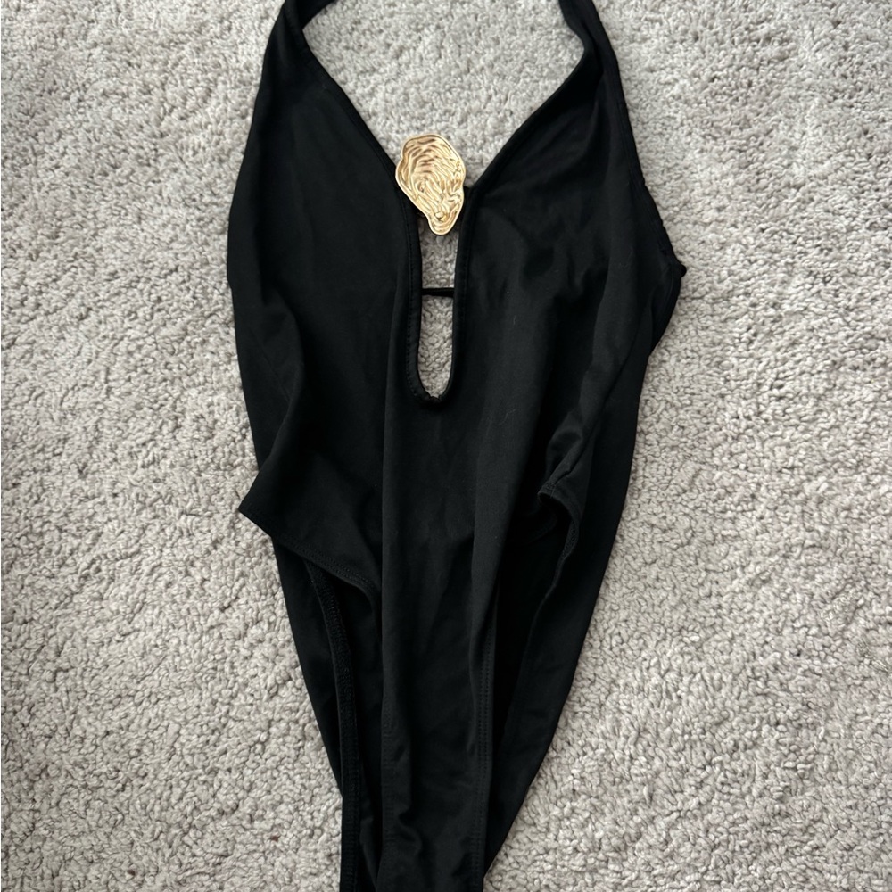 Black Halter Bodysuit with Gold Accent